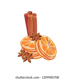 Orange slices next to chopsticks and cinnamon asterisks. Vector illustration on white background.