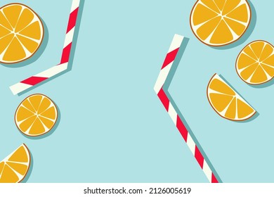 Orange and slices of orange on a blue background. Cocktail tubes.
