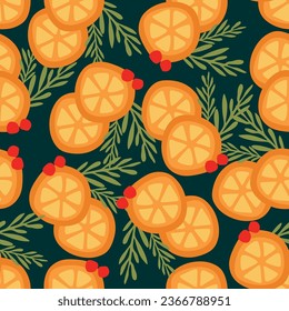 Orange slices on dark seamless pattern. Citrus fruit background with Cranberries and Mistletoe. Christmas mulled Wine Template for banner, Postcard, Packaging, Poster.