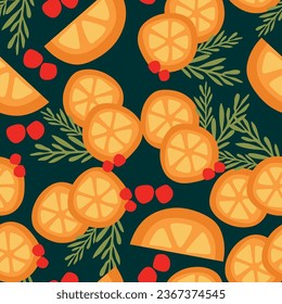 Orange slices on dark seamless pattern. Citrus fruit background with Cranberries and Mistletoe. Christmas mulled Wine Template for banner, Postcard, Packaging, Poster.