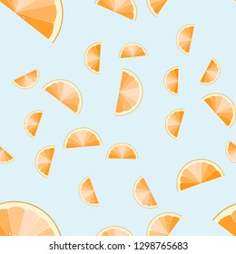 Orange slices on light blue background. Citrus fruit seamless vector pattern.