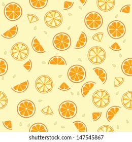 Orange slices on light yellow background. Citrus fruit seamless vector pattern. 
