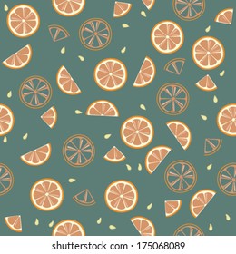 Orange slices on turquoise background. Citrus fruit seamless vector pattern. 