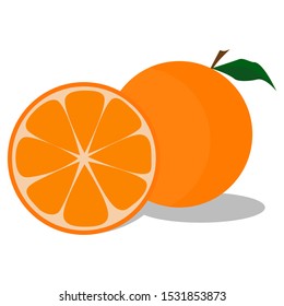 Orange and slices of oranges. Half and full orange, color vector.- White background (vector style)