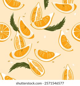 Orange slices pattern. Vector seamless illustration. Juicy, bright orange.