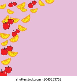 orange slices with red apples illustration on purple background. hand drawn vector, seamless pattern. fresh fruit. doodle art for wallpaper, greeting card, postcard, banner, poster, advertising, flyer
