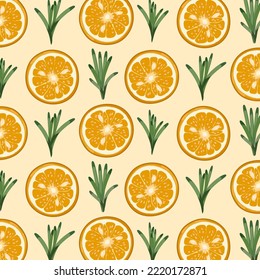 Orange slices and rosemary.Vector seamless pattern with oranges and rosemary on a colored background.