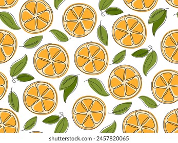 Rodajas de naranja patrón sin fisuras. Fondo abstracto moderno de la fruta. Ilustración de línea continua. Plantilla para empaque de jugo de limonada, impresión de tela, cubierta, Fondo de pantalla