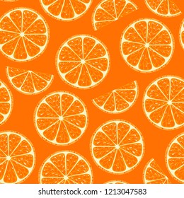 Orange slices seamless pattern on orange background. Vector bright color illustration in simple flat cartoon style.
