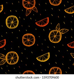 Orange slices seamless pattern on black background. Fruits repeated print drawing in sketch style. 