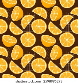Orange slices - seamless pattern on dark brown background. Vector illustration. Perfect for wrapping paper, wallpaper, textiles and decor.