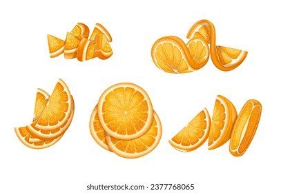 Orange slices set vector illustration. Cartoon isolated citrus fruit cut into wedges with peel and pulp, round pieces and sections, orange half circles for fresh lemonade, cocktail or healthy juice