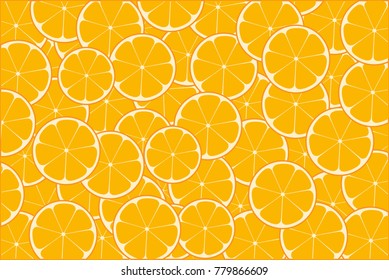 Orange slices spread out on the table, top view. Pieces of natural citrus as background texture, illustration eps 10