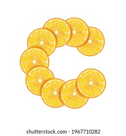 Orange slices stacked into a C shape. Vitamin C concept, health supplement. Vector EPS10 illustration.