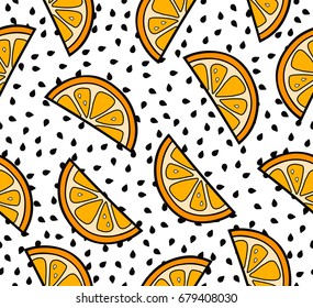 Orange slices summer seamless pattern on the seeds background