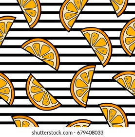Orange slices summer seamless pattern on the striped background