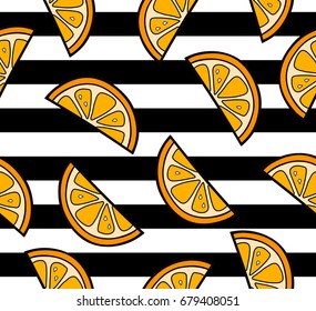Orange slices summer seamless pattern on the striped background