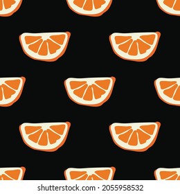 Orange slices vector pattern, black seamless background. On textiles of clothing.