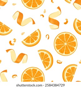 Orange slices and zest seamless pattern. Background with citrus fruits. Vector cartoon illustration.