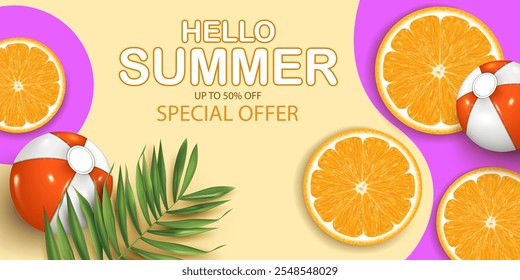 Rodajas de naranja, pelota de playa, hojas de palma Anuncio de verano de hola decorativo. hasta 50% de descuento en oferta especial, descuento y concepto de promoción Ilustración vectorial de Anuncio de marketing y publicidad de negocios de verano.