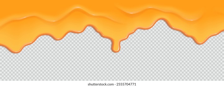 Orange slime dripping realistic vector illustration. Tangerine syrup flow. Blot fluid drops 3d element on transparent background