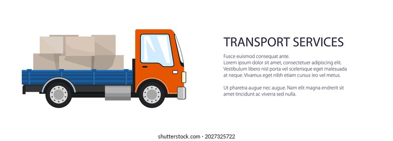Orankleiner Lastkraftwagen mit Kisten , Liefer- und Logistikbanner, Versand- und Frachtfracht, Vektorgrafik