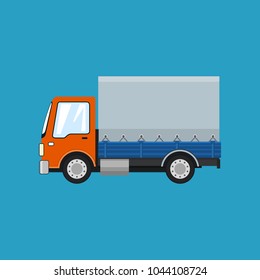 Orange Small Covered Truck Isolated on a Blue Background , Transport Services and Logistics, Shipping and Freight of Goods, Vector Illustration