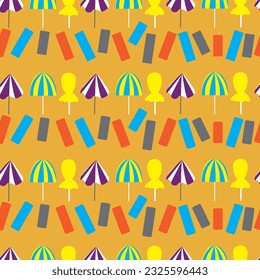 Orange small scale Women at the beach seamless vector pattern. Women enjoying the beach, beach umbrellas and towels, summer vector pattern. Summertime goodvibes vector background.