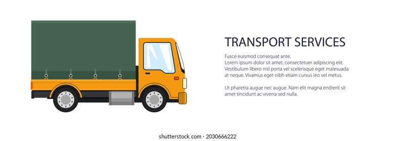 Orange small truck banner , transportation and cargo delivery services and logistics, shipping and freight of goods, vector illustration
