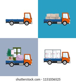 Orange Small Trucks with Different Loads Isolated, Empty and Covered Trucks, Lorries with Furniture and Windows, Delivery Services, Transport Services and Logistics, Vector Illustration