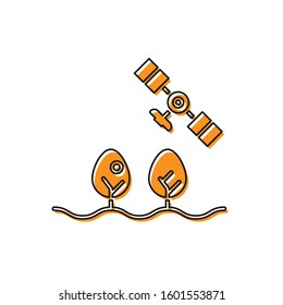 Orange Smart farm with drone control and tree icon isolated on white background. Innovation technology for agricultural company.  Vector Illustration