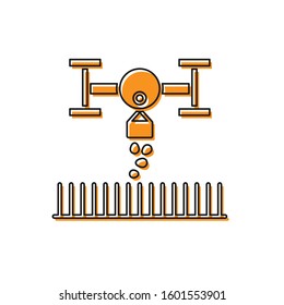 Orange Smart farm with drone control for seed planting icon isolated on white background. Innovation technology for agricultural company.  Vector Illustration