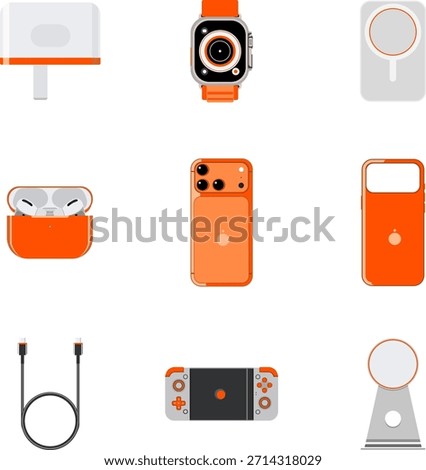 Orange smartphone accessories icon set flat vector illustration with phone case, charger, cable, earphones and power bank. Ideal for mobile apps, websites, UI, infographics and technology design.