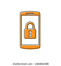 Orange Smartphone with closed padlock icon isolated on white background. Phone with lock. Mobile security, safety, protection concept. Vector Illustration