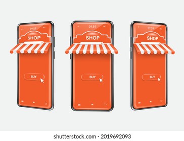 orange smartphone store or smartphone shop template for online shopping ads with front and side views placed on white background,vector 3d isolated advertising design