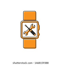 Orange Smartwatch with screwdriver and wrench icon isolated on white background. Adjusting, service, setting, maintenance, repair, fixing.  Vector Illustration