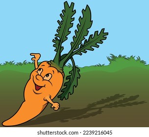 Orange Smiling Carrot with Hands - Colored Cartoon Illustration with Background, Vector