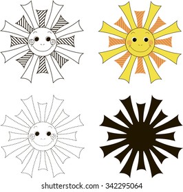 Orange smiling cartoon sun - Baby card with the job. Early child development. The study of logic, foreign language and learning to write