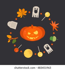 Orange smiling pumpkin with autumn foliage and ghost. Vector illustration in circle shape on black background.