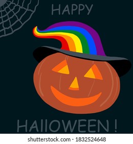 orange smiling pumpkin in a multicolored lgbt hat for halloween with spider web with the inscription happy halloween jack