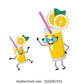 Orange smoothie character with glasses and grandchild dancing with happy emotion, smile eyes, arms and legs. Healthy vitamin drink in glass funny expression and pose. Vector flat illustration