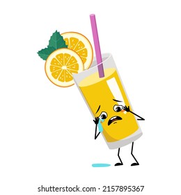 Orange smoothie with fruit and straw character with crying and tears emotion, sad face, depressive eyes, arms and legs. Healthy drink in glass melancholy expression and pose. Vector flat illustration