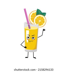 Orange smoothie with fruit and straw character with emotions of hero, brave face, arms and leg. Healthy drink in glass with courage expression and pose. Vector flat illustration