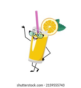 Orange smoothie with fruit and straw character with glasses and happy emotion, face, smile eyes, arms and legs. Healthy vitamin drink in glass funny expression and pose. Vector flat illustration
