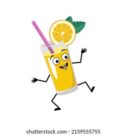 Orange smoothie with fruit and straw character with joyful emotions, happy face, smile eyes, arms and legs. Healthy vitamin drink in glass funny facial expression and pose. Vector flat illustration