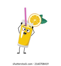 Orangefarbene Smoothie mit Frucht- und Strohcharakter mit Panikgefühlen, überraschtes Gesicht, schockierte Augen, Arme und Beine. Gesundes Getränk in Glas mit verängstigten Ausdruck und Pose. Vektorgrafik