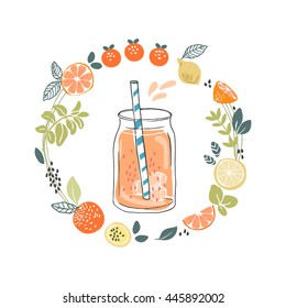 orange smoothie in fruit wreath