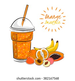 Orange smoothie. Smoothie to go. Sketch vector.