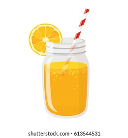 Orange smoothie in a jar with a straw. Vector healthy drink with orange fruit isolated on white background.