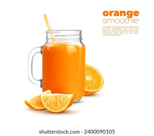 Orange smoothie or juice and organic vitamin drink in glass jar, realistic vector. Fresh orange citrus smoothie or detox shake in glass mug with drinking straw for summer healthy diet beverage